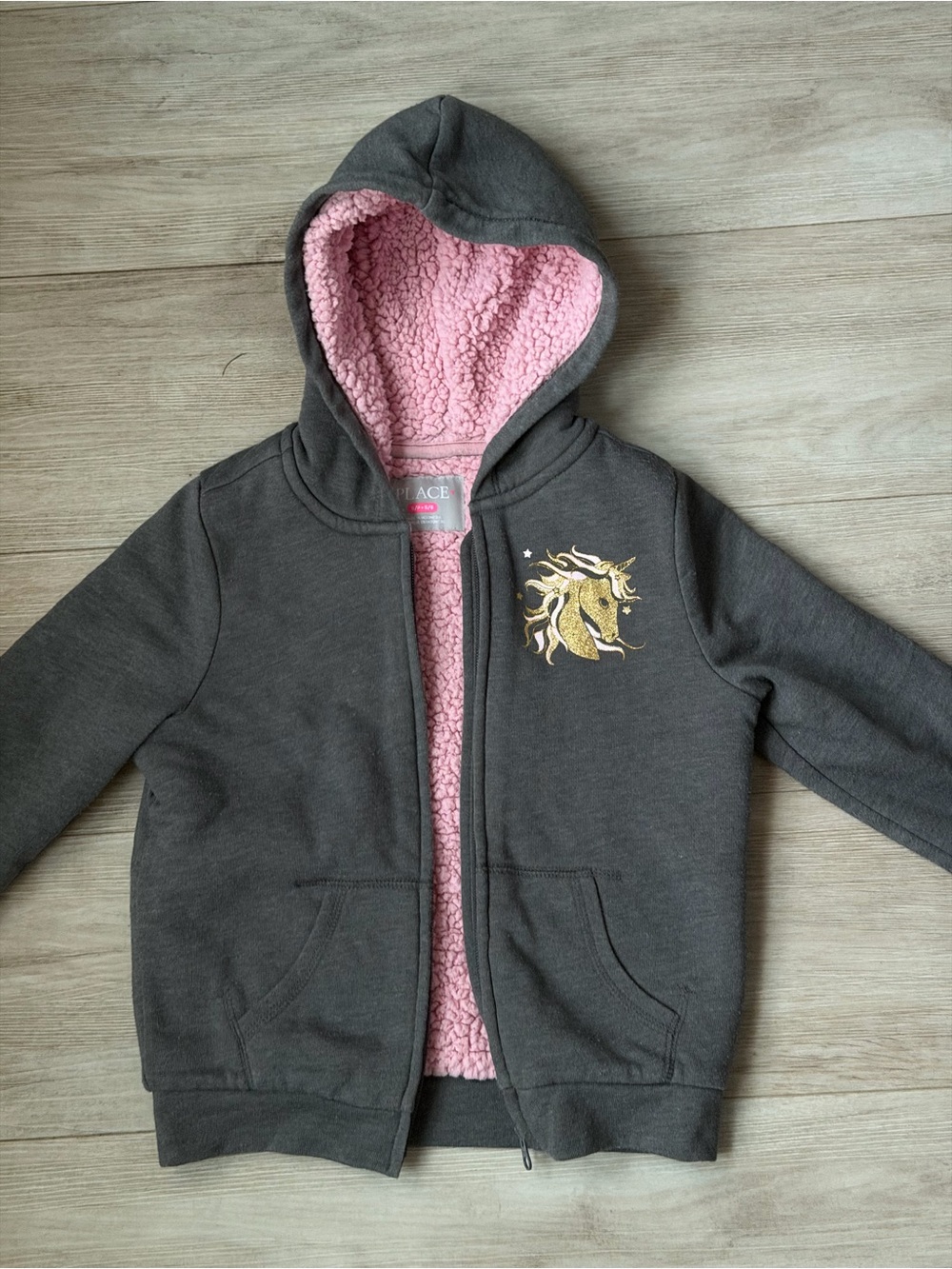 The Children’s Place Girls Gray Sherpa Lined Unicorn Hoodie Jacket Size S 5/6